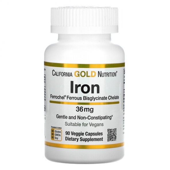 California Gold Nutrition, Ferrochel Iron (Bisglycinate), 36 mg, 90 Veggie Capsules