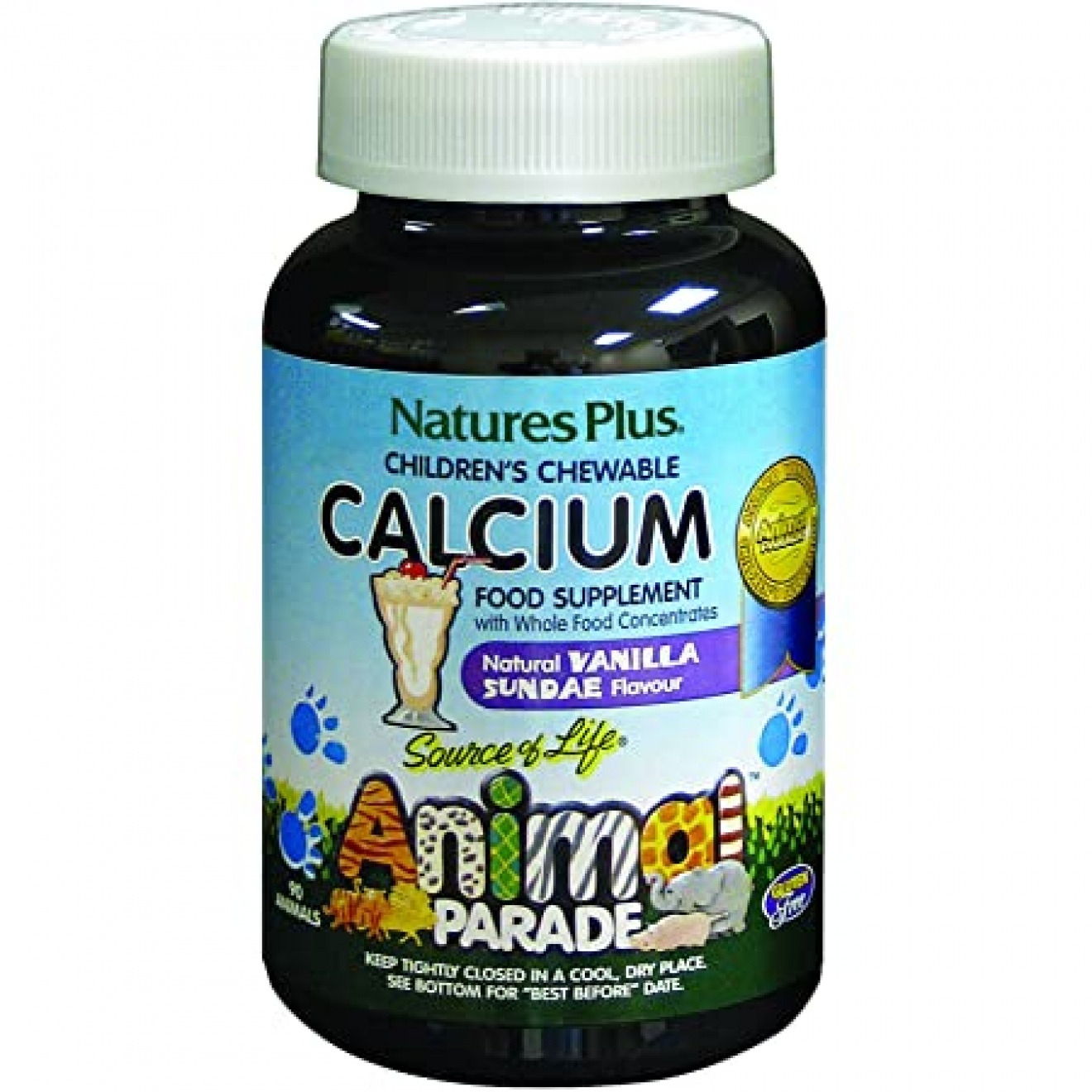Natures Plus, Source of Life, Animal Parade, Calcium, Children’s Chewable Supplement, Natural Vanilla Sundae Flavor, 90 Animal-Shaped Tablets