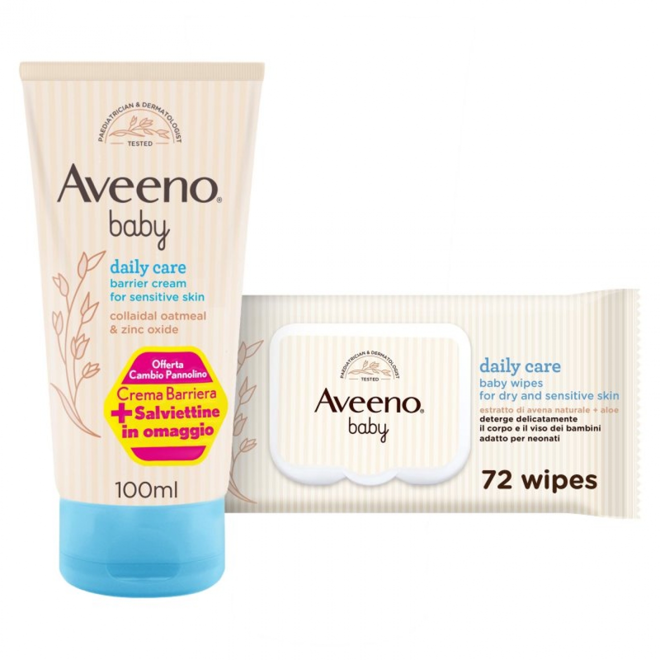 Set pentru ingrijirea zilnica a bebelusilor - Aveeno, Baby Barrier Cream100 ml + Baby Wipes