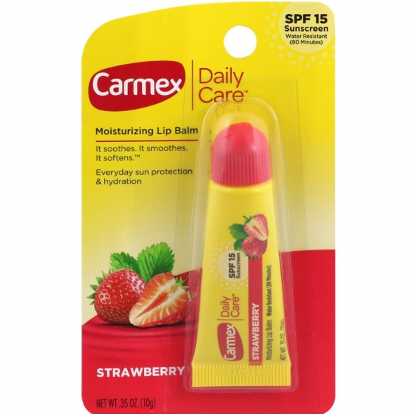Бальзам-блеск для губ с ароматом клубники-Carmex, Daily Care, Moisturizing Lip Balm, Strawberry, SPF 15, 10 g